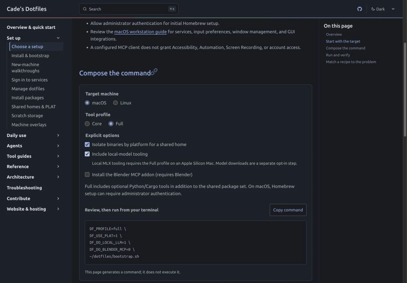 Setup configurator with macOS, Full profile, platform isolation, and local-model tooling selected; the generated command shows the corresponding flags.